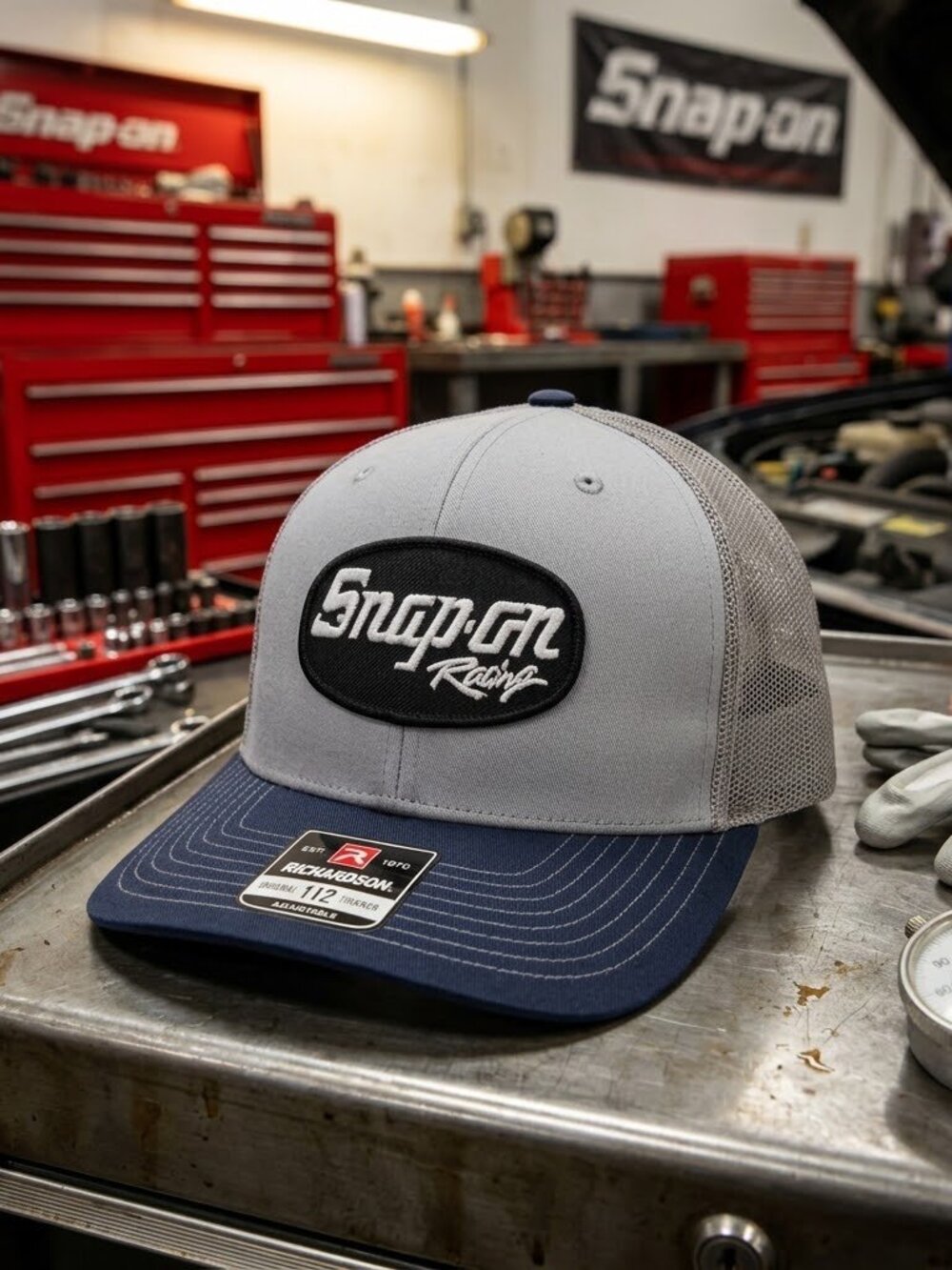 Retro Snap On Racing Hat Mechanic Tool Patch Grey Navy Richardson 112 Cap USA Ne